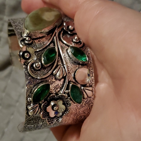 New Unique Jasper and Green Quartz Adjustable Cuff 925 Silver Bracelet. - Picture 6 of 9